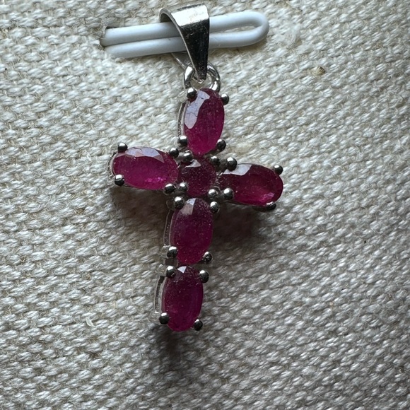 Natural Ruby 925 Sterling Silver Cross Pendant - Picture 7 of 9